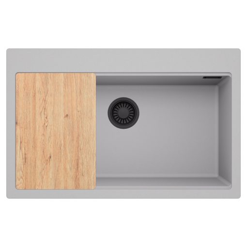 HD Infinity Grey 78 egymedencés gránit mosogatótálca, vágódeszkával, alpesi szürke színben, matt fekete leeresztő szifonnal