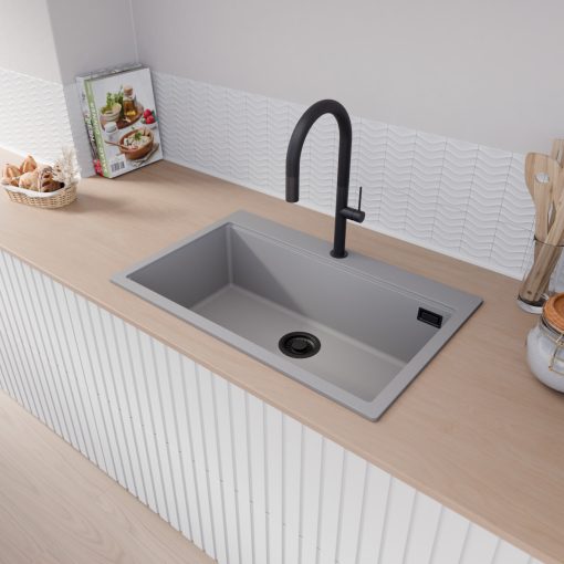 HD Infinity Grey 78 egymedencés gránit mosogatótálca, vágódeszkával, alpesi szürke színben, matt fekete leeresztő szifonnal