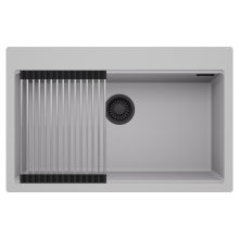 HD Infinity Grey 78 egymedencés gránit mosogatótálca szett, acél csepegtetőráccsal, alpesi szürke színben, matt fekete leeresztő szifonnal