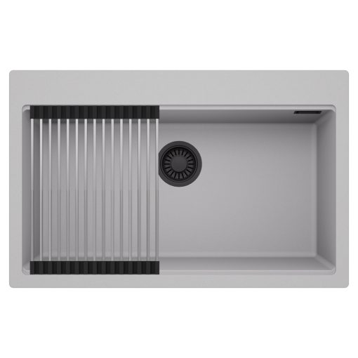 HD Infinity Grey 78 egymedencés gránit mosogatótálca szett, acél csepegtetőráccsal, alpesi szürke színben, matt fekete leeresztő szifonnal