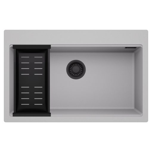 HD Infinity Grey 78 egymedencés gránit mosogatótálca szett, matt fekete csepegtetőkosárral, alpesi szürke színben, matt fekete leeresztő szifonnal