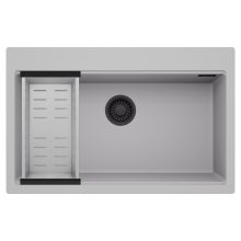 HD Infinity Grey 78 egymedencés gránit mosogatótálca szett, acél csepegtetőkosárral, alpesi szürke színben, matt fekete leeresztő szifonnal