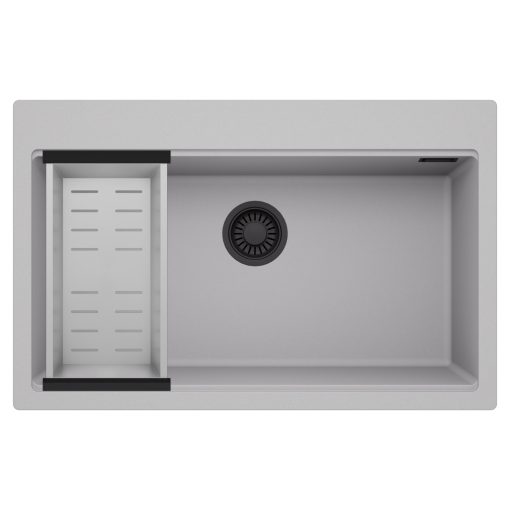 HD Infinity Grey 78 egymedencés gránit mosogatótálca szett, acél csepegtetőkosárral, alpesi szürke színben, matt fekete leeresztő szifonnal