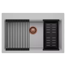 HD Infinity Grey 78 egymedencés gránit mosogatótálca szett, matt fekete csepegtetőráccsal és kosárral, alpesi szürke színben, szálcsiszolt réz leeresztő szifonnal