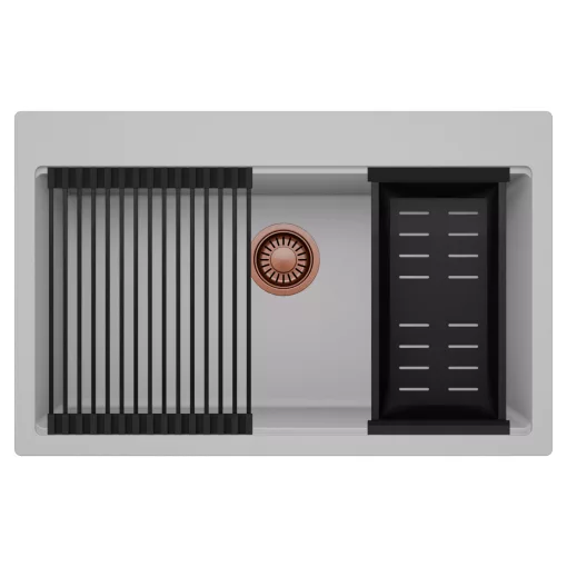 HD Infinity Grey 78 egymedencés gránit mosogatótálca szett, matt fekete csepegtetőráccsal és kosárral, alpesi szürke színben, szálcsiszolt réz leeresztő szifonnal