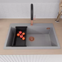 HD Infinity Grey 78 egymedencés gránit mosogatótálca szett, matt fekete csepegtetőráccsal és kosárral, alpesi szürke színben, szálcsiszolt réz leeresztő szifonnal