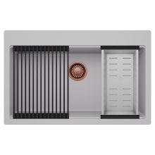 HD Infinity Grey 78 egymedencés gránit mosogatótálca szett, matt fekete csepegtetőráccsal és krómozott kosárral, alpesi szürke színben, szálcsiszolt réz leeresztő szifonnal