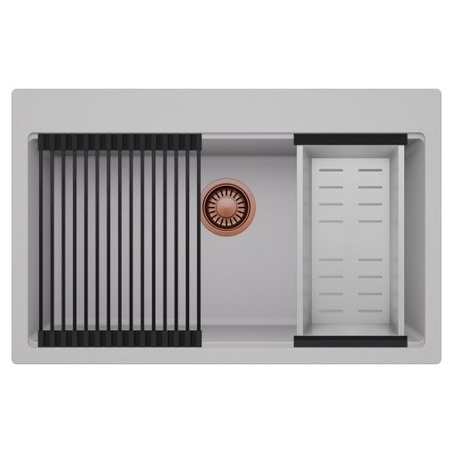 HD Infinity Grey 78 egymedencés gránit mosogatótálca szett, matt fekete csepegtetőráccsal és krómozott kosárral, alpesi szürke színben, szálcsiszolt réz leeresztő szifonnal