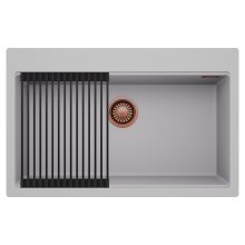 HD Infinity Grey 78 egymedencés gránit mosogatótálca szett, matt fekete csepegtetőráccsal, alpesi szürke színben, szálcsiszolt réz leeresztő szifonnal