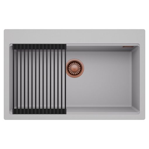 HD Infinity Grey 78 egymedencés gránit mosogatótálca szett, matt fekete csepegtetőráccsal, alpesi szürke színben, szálcsiszolt réz leeresztő szifonnal