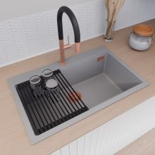 HD Infinity Grey 78 egymedencés gránit mosogatótálca szett, matt fekete csepegtetőráccsal, alpesi szürke színben, szálcsiszolt réz leeresztő szifonnal