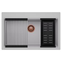 HD Infinity Grey 78 egymedencés gránit mosogatótálca szett, acél csepegtetőráccsal és matt fekete kosárral, alpesi szürke színben, szálcsiszolt réz leeresztő szifonnal