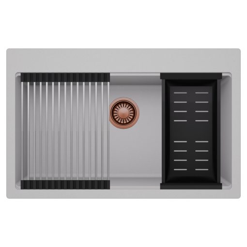 HD Infinity Grey 78 egymedencés gránit mosogatótálca szett, acél csepegtetőráccsal és matt fekete kosárral, alpesi szürke színben, szálcsiszolt réz leeresztő szifonnal