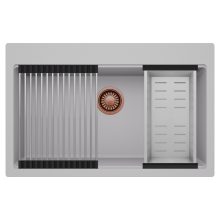 HD Infinity Grey 78 egymedencés gránit mosogatótálca szett, acél csepegtetőráccsal és kosárral, alpesi szürke színben, szálcsiszolt réz leeresztő szifonnal