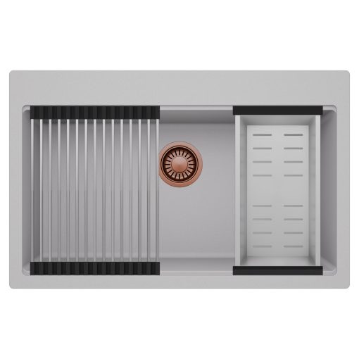 HD Infinity Grey 78 egymedencés gránit mosogatótálca szett, acél csepegtetőráccsal és kosárral, alpesi szürke színben, szálcsiszolt réz leeresztő szifonnal