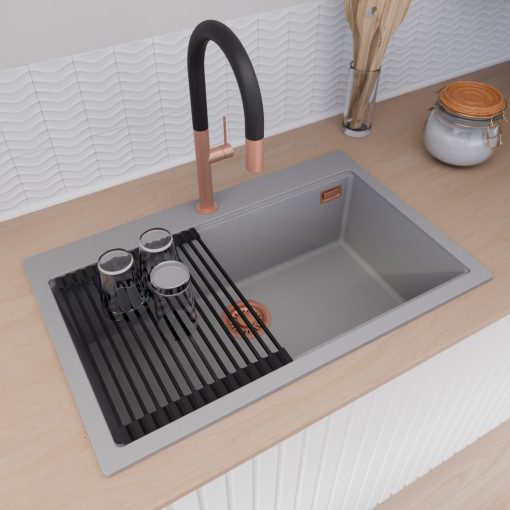 HD Infinity Grey 78 egymedencés gránit mosogatótálca szett, vágódeszkával, matt fekete csepegtetőráccsal és kosárral, alpesi szürke színben, szálcsiszolt réz leeresztő szifonnal