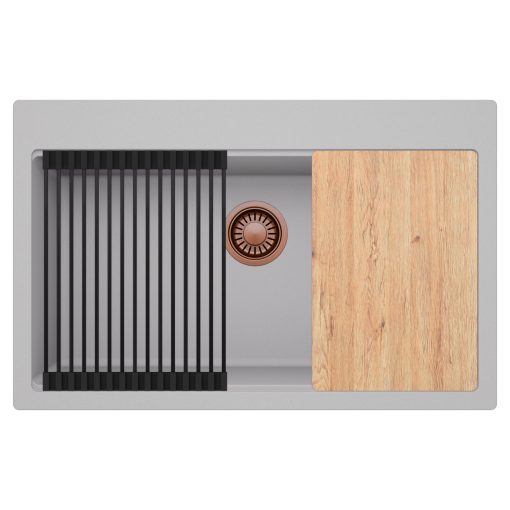HD Infinity Grey 78 egymedencés gránit mosogatótálca szett, vágódeszkával, matt fekete csepegtetőráccsal, alpesi szürke színben, szálcsiszolt réz leeresztő szifonnal