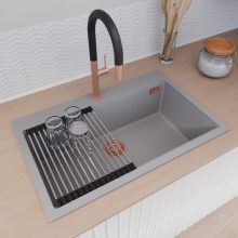 HD Infinity Grey 78 egymedencés gránit mosogatótálca szett, vágódeszkával, acél csepegtetőráccsal és kosárral, alpesi szürke színben, szálcsiszolt réz leeresztő szifonnal