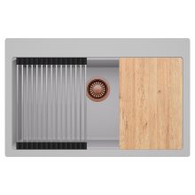 HD Infinity Grey 78 egymedencés gránit mosogatótálca szett, vágódeszkával, acél csepegtetőráccsal, alpesi szürke színben, szálcsiszolt réz leeresztő szifonnal