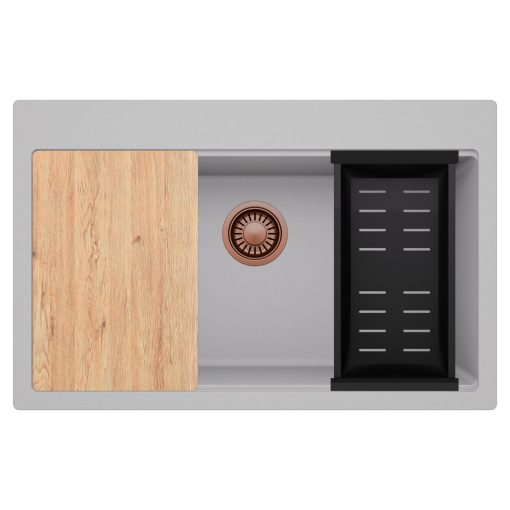 HD Infinity Grey 78 egymedencés gránit mosogatótálca szett, vágódeszkával, matt fekete csepegtetőkosárral, alpesi szürke színben, szálcsiszolt réz leeresztő szifonnal