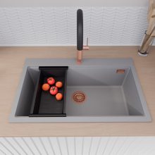 HD Infinity Grey 78 egymedencés gránit mosogatótálca szett, vágódeszkával, matt fekete csepegtetőkosárral, alpesi szürke színben, szálcsiszolt réz leeresztő szifonnal