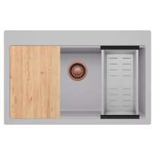 HD Infinity Grey 78 egymedencés gránit mosogatótálca szett, vágódeszkával, acél csepegtetőkosárral, alpesi szürke színben, szálcsiszolt réz leeresztő szifonnal