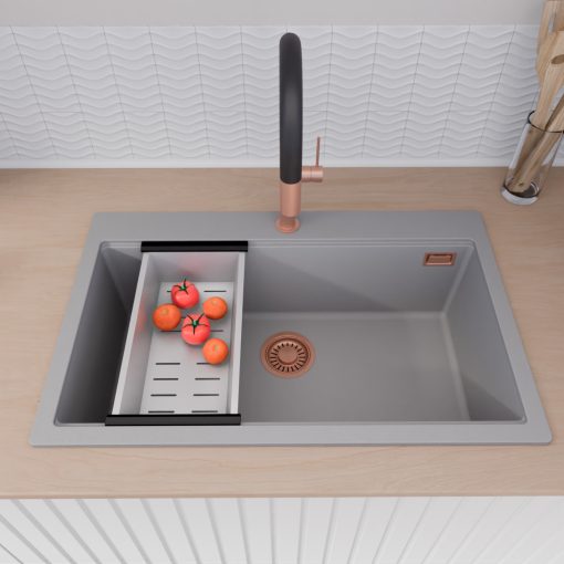 HD Infinity Grey 78 egymedencés gránit mosogatótálca szett, vágódeszkával, acél csepegtetőkosárral, alpesi szürke színben, szálcsiszolt réz leeresztő szifonnal