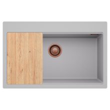 HD Infinity Grey 78 egymedencés gránit mosogatótálca, vágódeszkával, alpesi szürke színben, szálcsiszolt réz leeresztő szifonnal