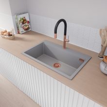 HD Infinity Grey 78 egymedencés gránit mosogatótálca, vágódeszkával, alpesi szürke színben, szálcsiszolt réz leeresztő szifonnal