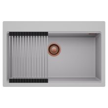 HD Infinity Grey 78 egymedencés gránit mosogatótálca szett, acél csepegtetőráccsal, alpesi szürke színben, szálcsiszolt réz leeresztő szifonnal