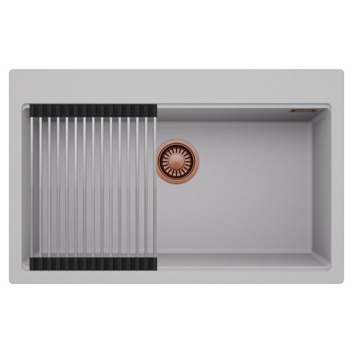 HD Infinity Grey 78 egymedencés gránit mosogatótálca szett, acél csepegtetőráccsal, alpesi szürke színben, szálcsiszolt réz leeresztő szifonnal