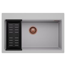 HD Infinity Grey 78 egymedencés gránit mosogatótálca szett, matt fekete csepegtetőkosárral, alpesi szürke színben, szálcsiszolt réz leeresztő szifonnal