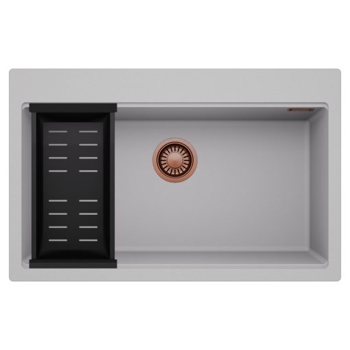 HD Infinity Grey 78 egymedencés gránit mosogatótálca szett, matt fekete csepegtetőkosárral, alpesi szürke színben, szálcsiszolt réz leeresztő szifonnal