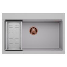 HD Infinity Grey 78 egymedencés gránit mosogatótálca szett, acél csepegtetőkosárral, alpesi szürke színben, szálcsiszolt réz leeresztő szifonnal