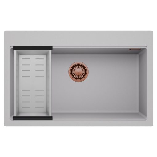 HD Infinity Grey 78 egymedencés gránit mosogatótálca szett, acél csepegtetőkosárral, alpesi szürke színben, szálcsiszolt réz leeresztő szifonnal