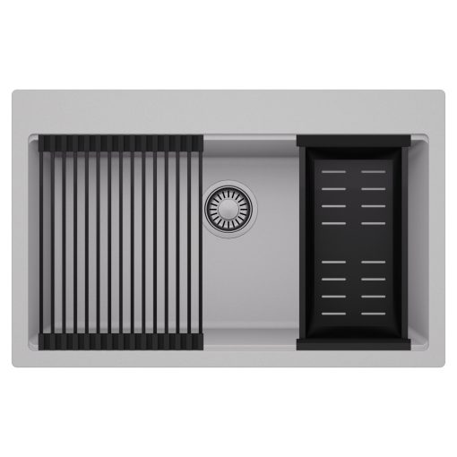 HD Infinity Grey 78 egymedencés gránit mosogatótálca szett, matt fekete csepegtetőráccsal és kosárral, alpesi szürke színben