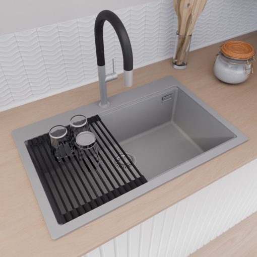 HD Infinity Grey 78 egymedencés gránit mosogatótálca szett, matt fekete csepegtetőráccsal, alpesi szürke színben