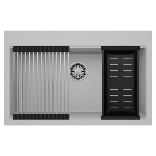 HD Infinity Grey 78 egymedencés gránit mosogatótálca szett, acél csepegtetőráccsal és matt fekete kosárral, alpesi szürke színben