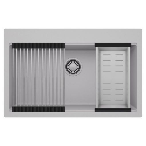 HD Infinity Grey 78 egymedencés gránit mosogatótálca szett, acél csepegtetőráccsal és kosárral, alpesi szürke színben