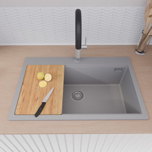 HD Infinity Grey 78 egymedencés gránit mosogatótálca szett, vágódeszkával, matt fekete csepegtetőráccsal és kosárral, alpesi szürke színben