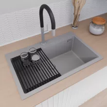 HD Infinity Grey 78 egymedencés gránit mosogatótálca szett, vágódeszkával, matt fekete csepegtetőráccsal, alpesi szürke színben