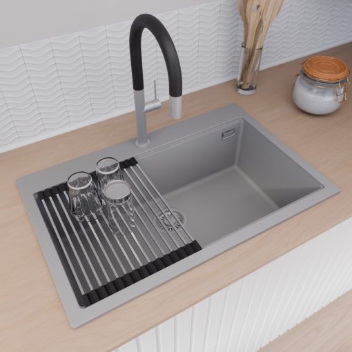 HD Infinity Grey 78 egymedencés gránit mosogatótálca szett, vágódeszkával, acél csepegtetőráccsal és kosárral, alpesi szürke színben