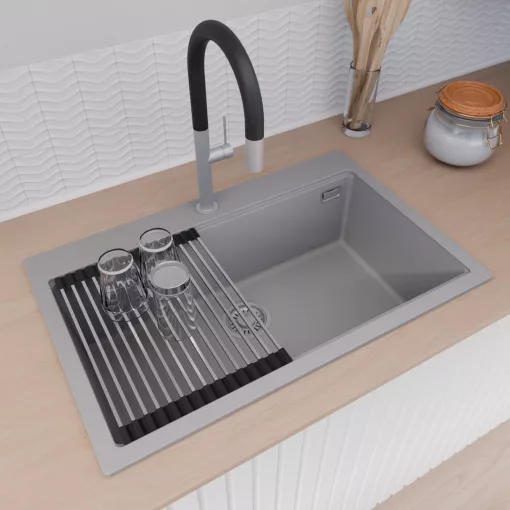 HD Infinity Grey 78 egymedencés gránit mosogatótálca szett, vágódeszkával, acél csepegtetőráccsal, alpesi szürke színben