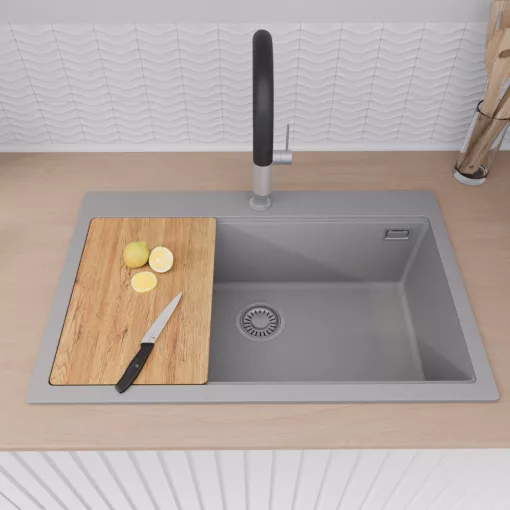 HD Infinity Grey 78 egymedencés gránit mosogatótálca szett, vágódeszkával, matt fekete csepegtetőkosárral, alpesi szürke színben