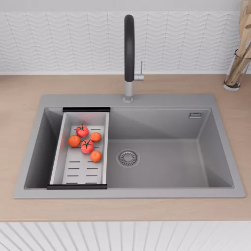 HD Infinity Grey 78 egymedencés gránit mosogatótálca szett, vágódeszkával, acél csepegtetőkosárral, alpesi szürke színben