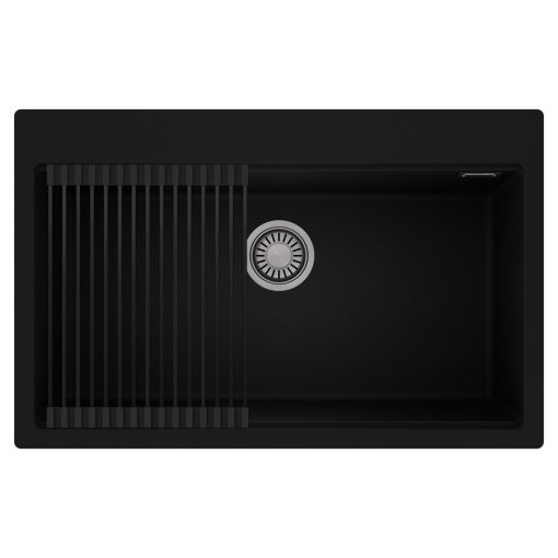 HD Infinity Black 78 egymedencés gránit mosogatótálca szett, matt fekete csepegtetőráccsal, matt fekete színben, szálcsiszolt króm leeresztő szifonnal