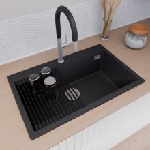 HD Infinity Black 78 egymedencés gránit mosogatótálca szett, matt fekete csepegtetőráccsal, matt fekete színben, szálcsiszolt króm leeresztő szifonnal