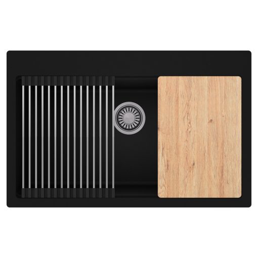 HD Infinity Black 78 egymedencés gránit mosogatótálca szett, vágódeszkával, acél csepegtetőráccsal, matt fekete színben, szálcsiszolt króm leeresztő szifonnal