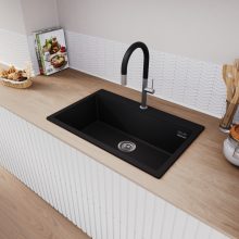 HD Infinity Black 78 egymedencés gránit mosogatótálca, vágódeszkával, matt fekete színben, szálcsiszolt króm leeresztő szifonnal