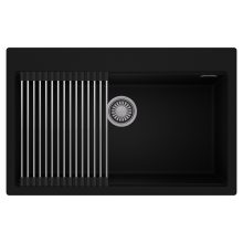 HD Infinity Black 78 egymedencés gránit mosogatótálca szett, acél csepegtetőráccsal, matt fekete színben, szálcsiszolt króm leeresztő szifonnal